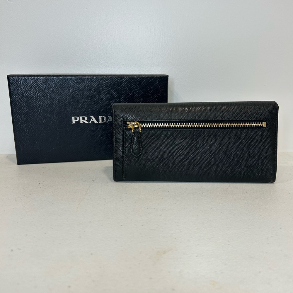 Prada Long Wallet Bi fold Black Leather with ribbon. - Picture 3 of 9